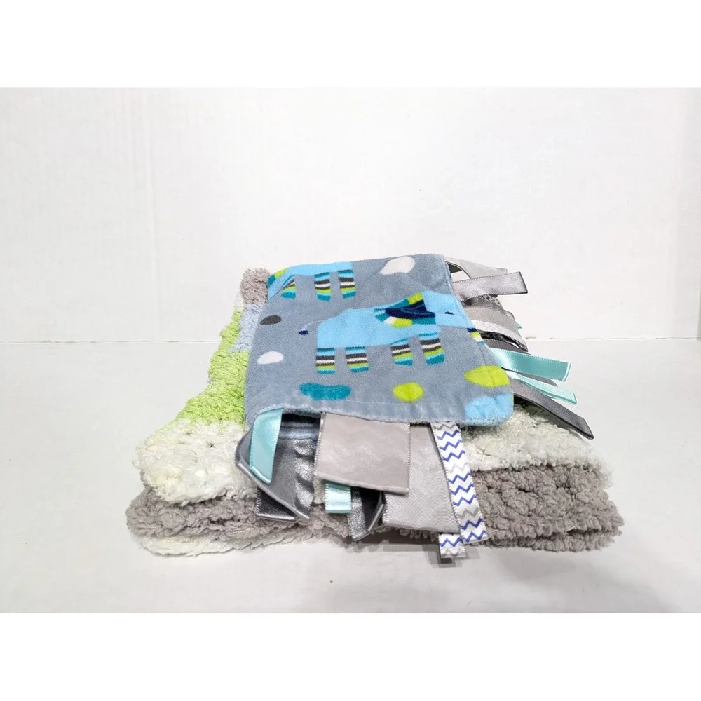 Baby Boy Blanket & Lovey Blue Green Elephant Satin Taggie Ribbon Crochet Striped